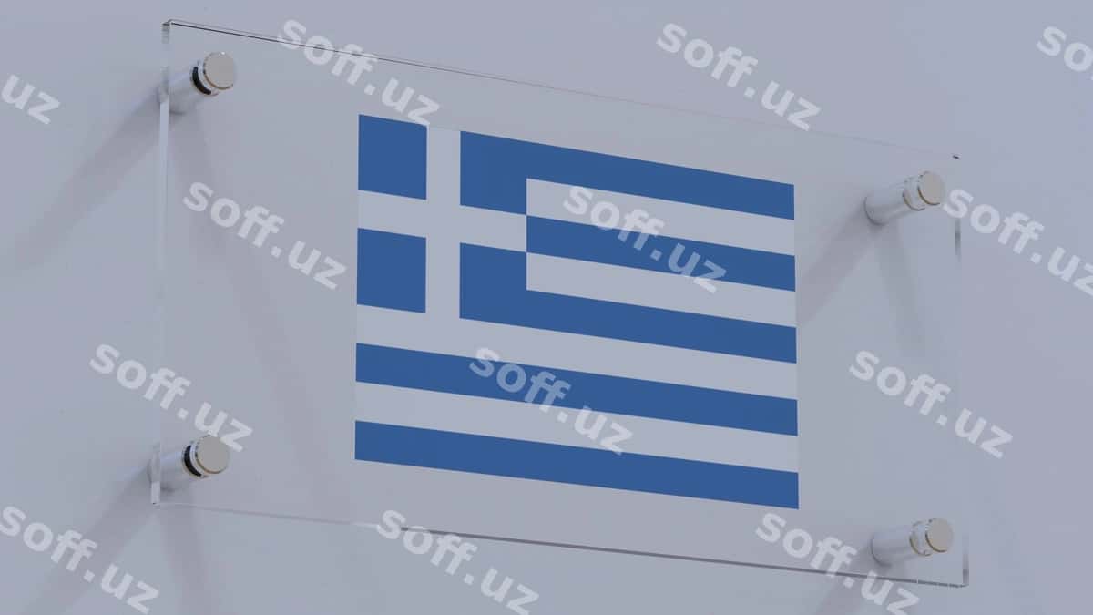 Gretsiya bayrog'i logotipi shisha eshikda aks ettirilgan | Greece flag logo displayed glass door 1
