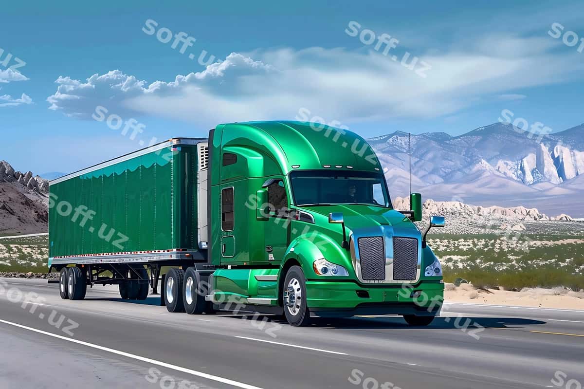 Yashil katta polupovoz ko'p qatlamli avtomagistral | Green big semi truck multiline highway 1