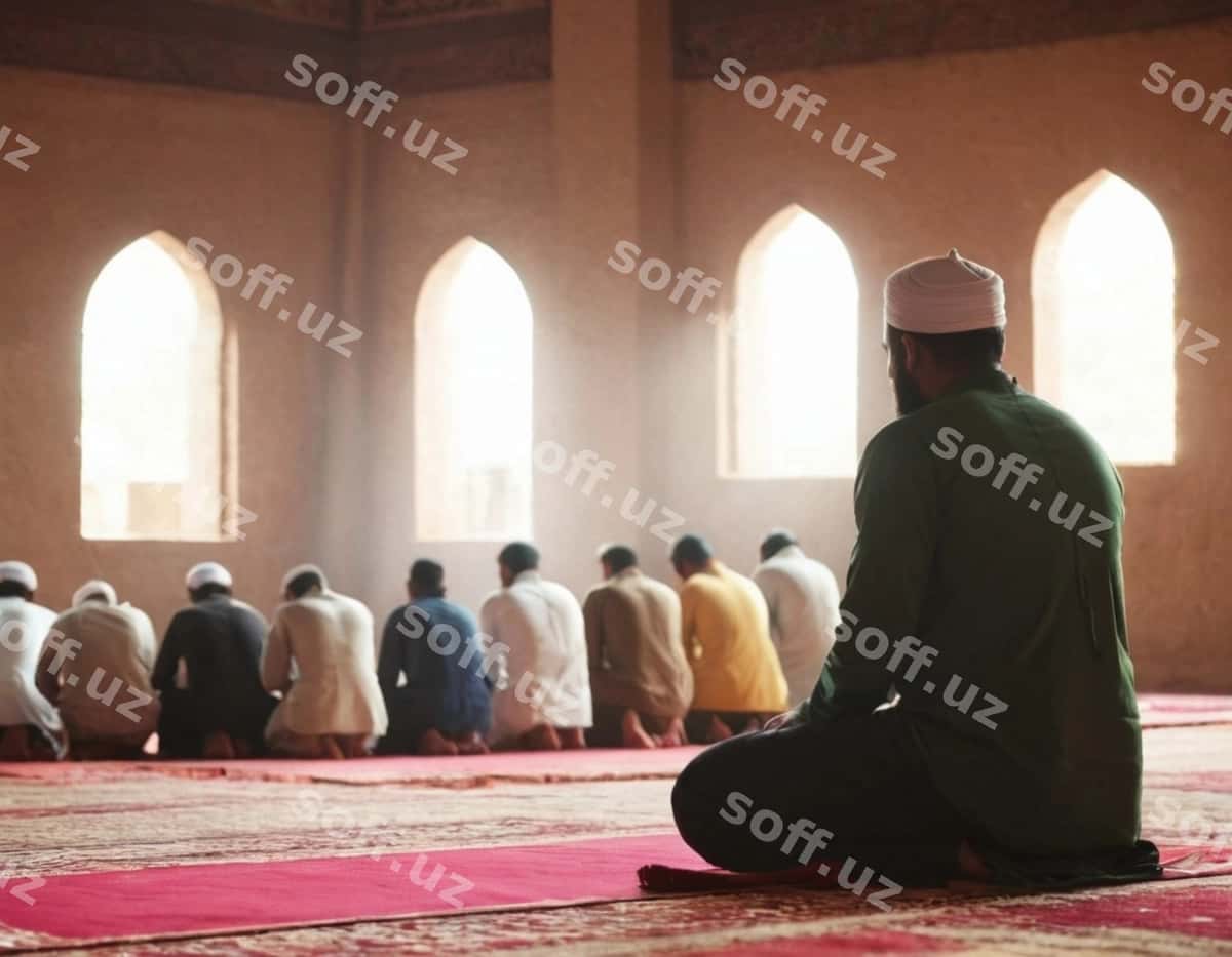 Turban kiygan erkaklar guruhining a'zolari masjidda namoz oqimoqda. | Group men turbans are praying mosque 1