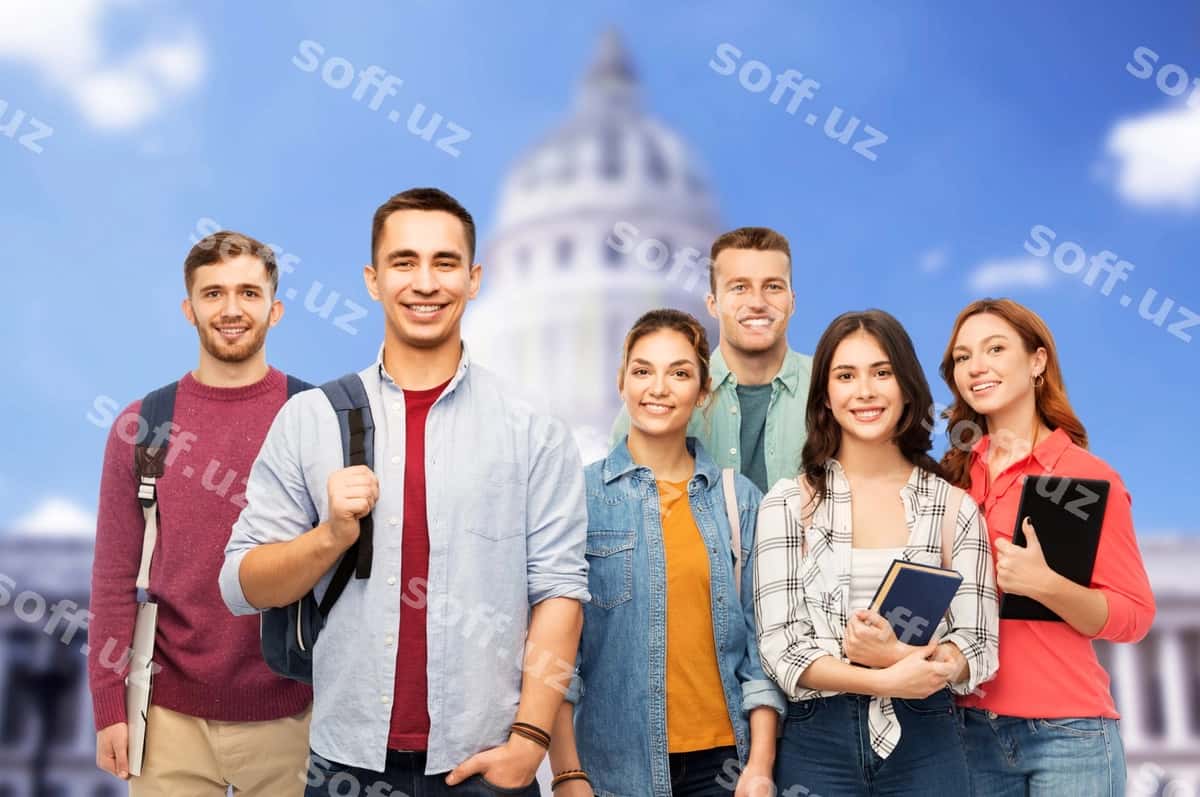 Oq uyda kitoblar bilan guruh talabalari | Group students with books white house 1