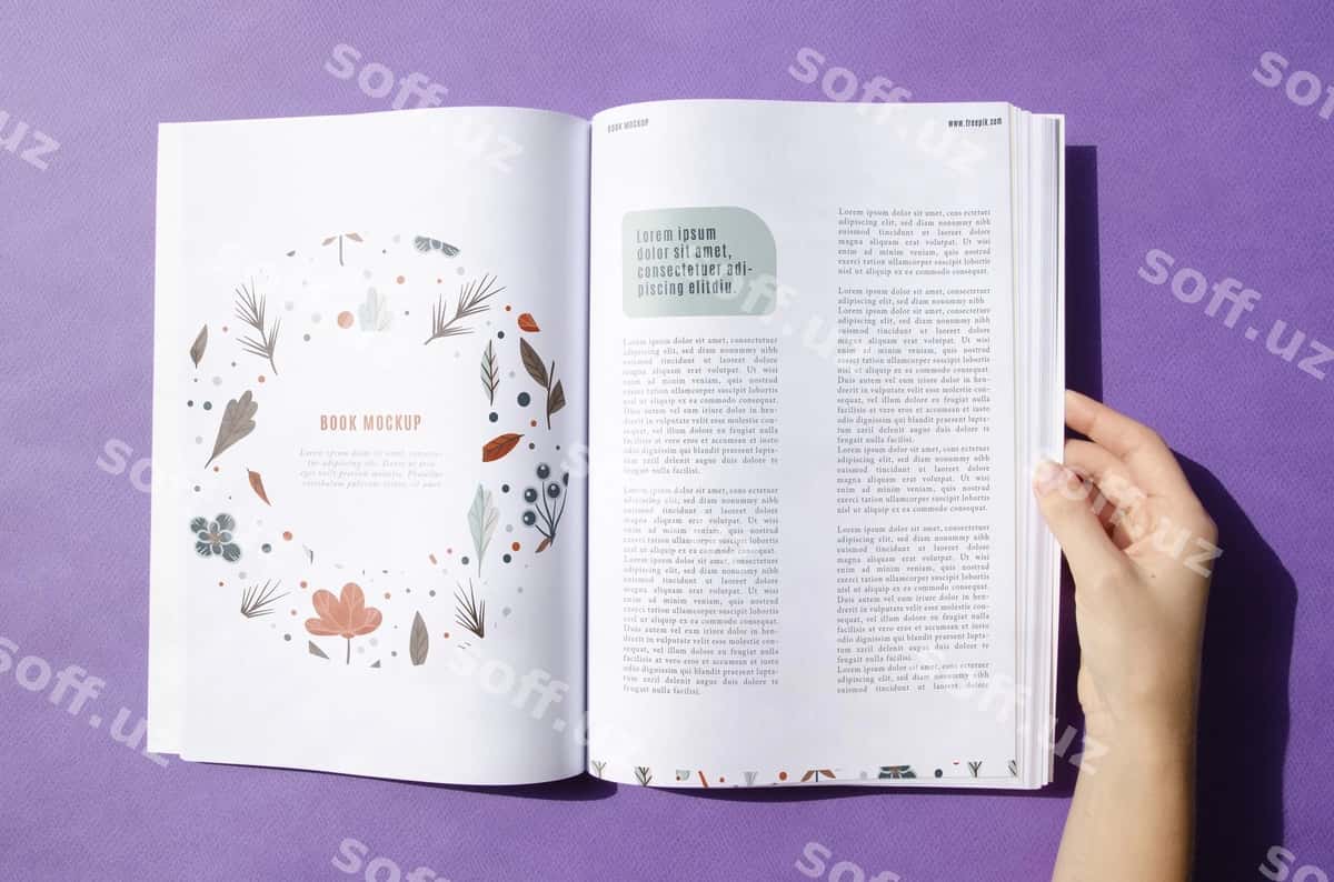 Magazinni tutgan qo'l binafsha orqa fon | Hand holding magazine purple background 1