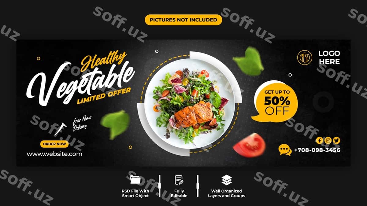 Sog'lom sabzavot uchun Facebook qopqog'i shabloni | Healthy vegetable facebook cover template 1