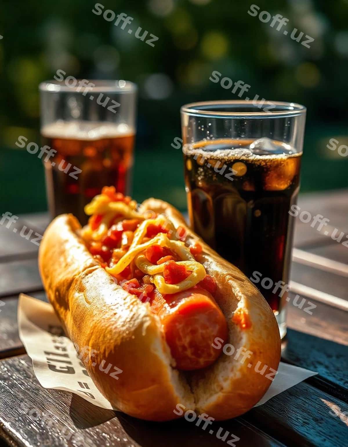 Hot dog tovar ovqat ikki stakan soda bilan | Hot dog plate food with two glasses soda 1