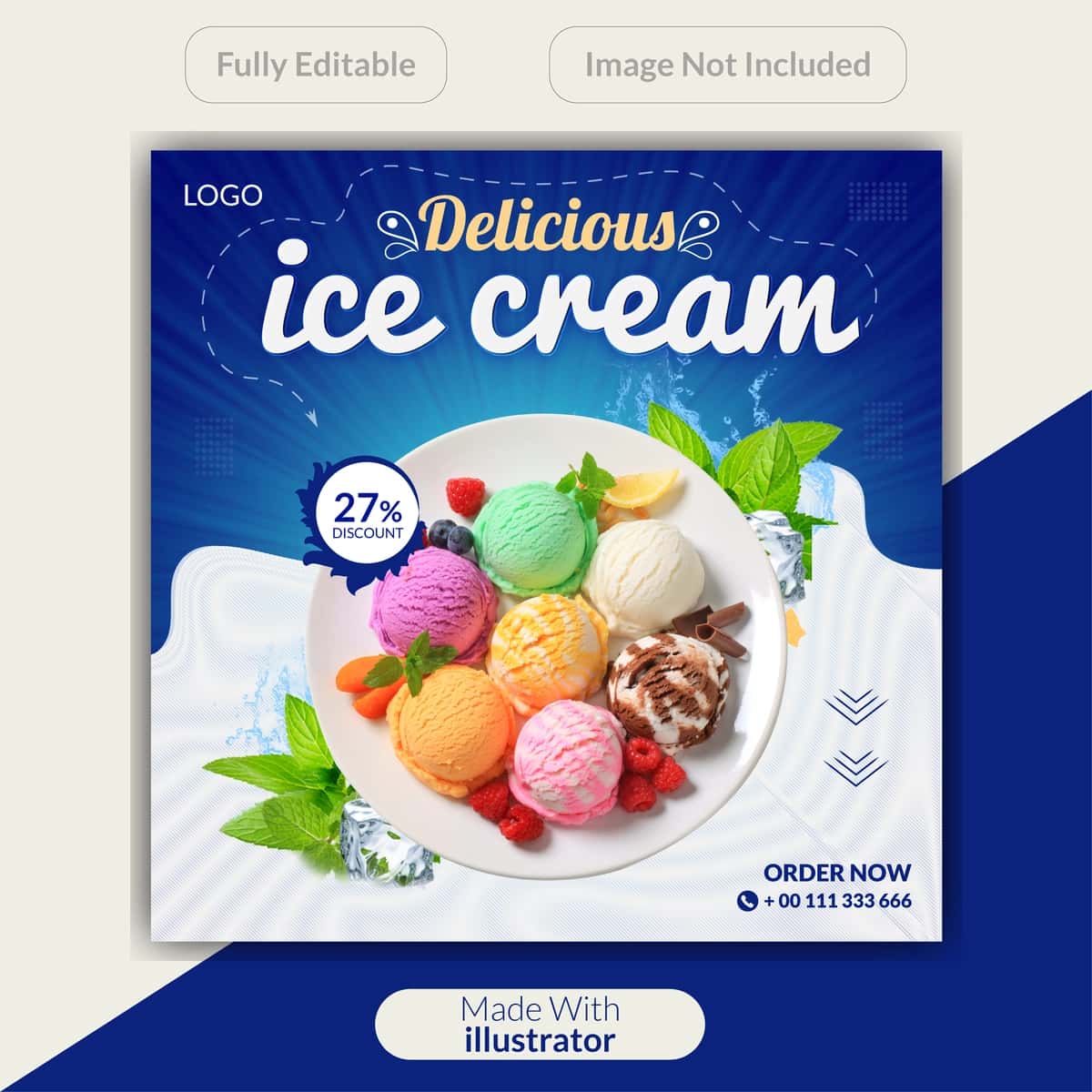 Mazali muzqaymoq ijtimoiy media banner dizayni shabloni | Delicious ice cream social media banner design template 1