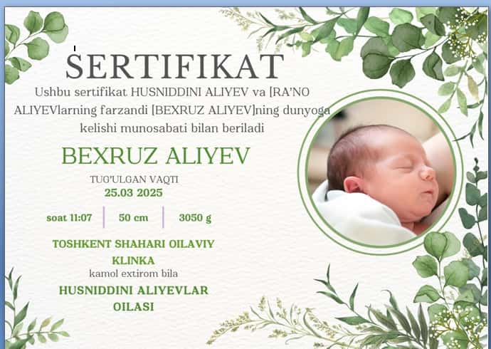 chaqaloq uchun sertifikat namuna 1