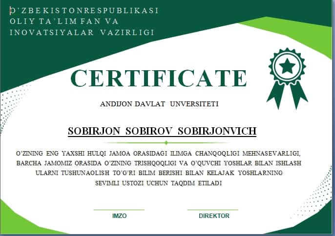 Sertifikat namunasi word varyand 1