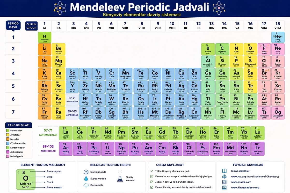 Mendeleyev Kimyoviy Elementlar Davriy Jadvali – Rangli va Tushunarli 1