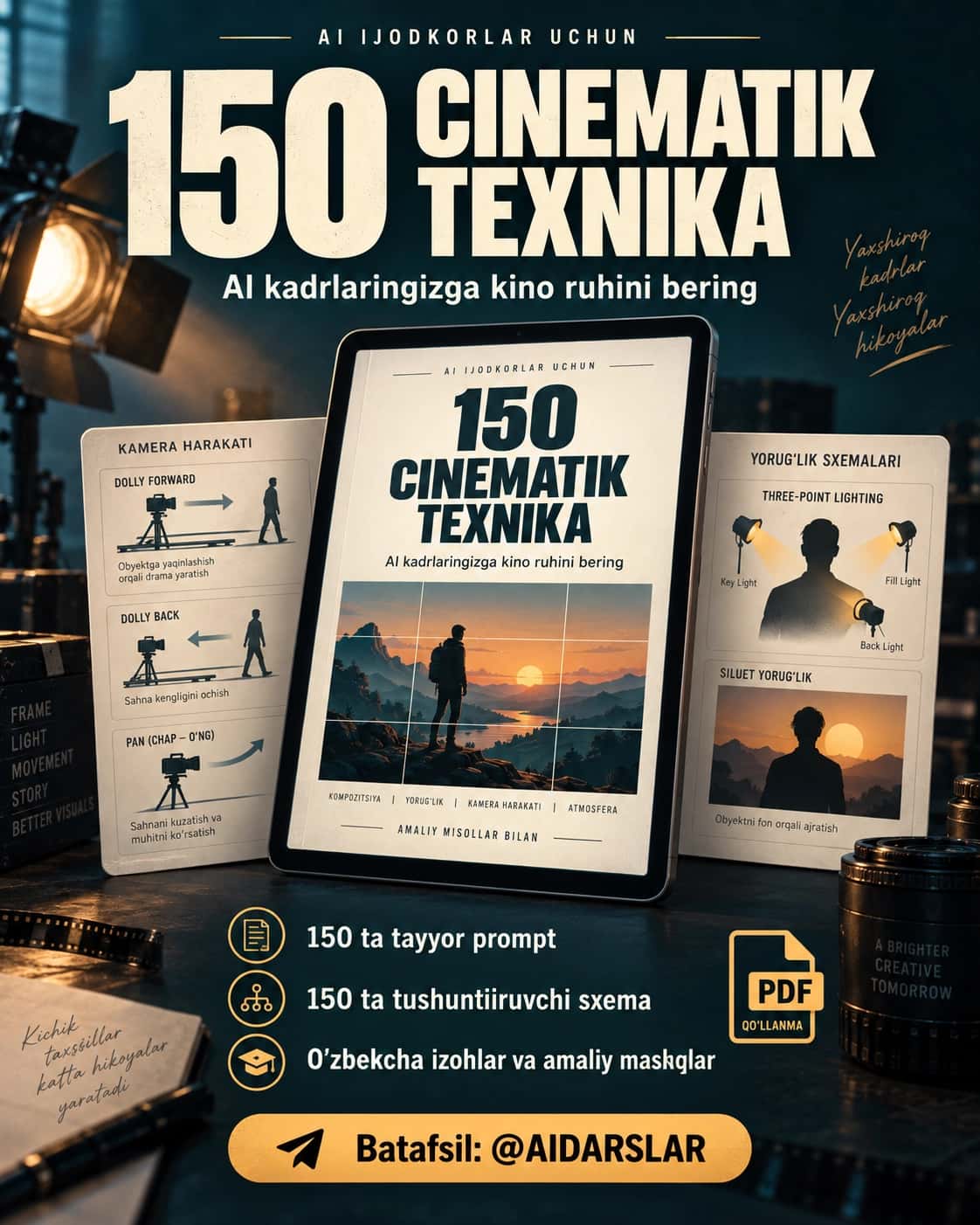 150 cinematik texnika. AI rasm va video uchun tayyor promptlar va o‘zbekcha qo‘llanma 1