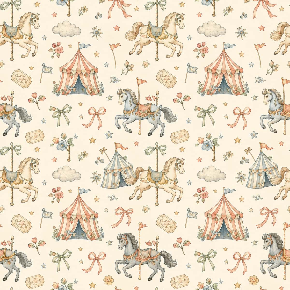 Akvarel uslubidagi retro karusel va sirk seamless pattern (2D Vektor) 1