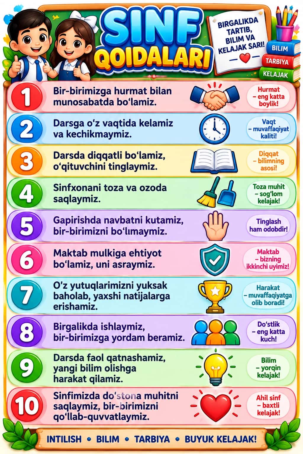 Maktab uchun|Sinf Qoidalari — Rangli va Chiroyli Sinfxona Plakati 1