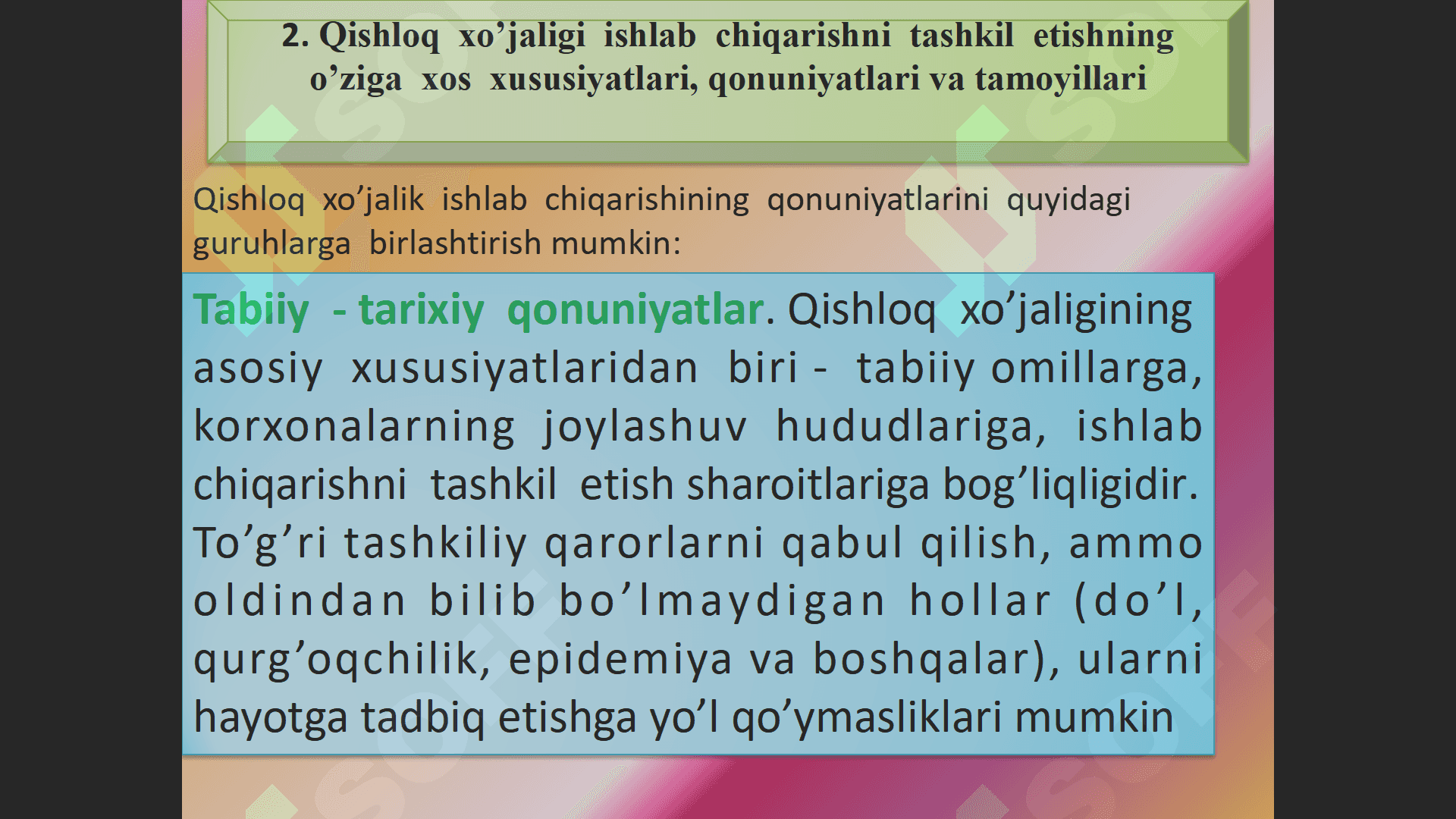 Qishloq xo’jaligi ishlab chiqarishini tashkil etishning ilmiy – uslubiy asoslari 2