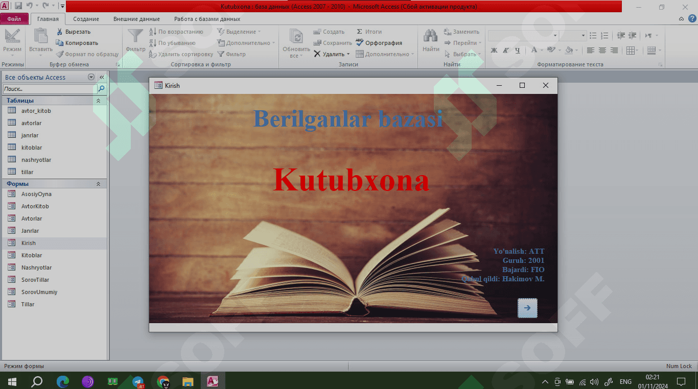MS Access 2010 da Kutubxona tizimi (2-namuna). Berilganlar Bazasi 1