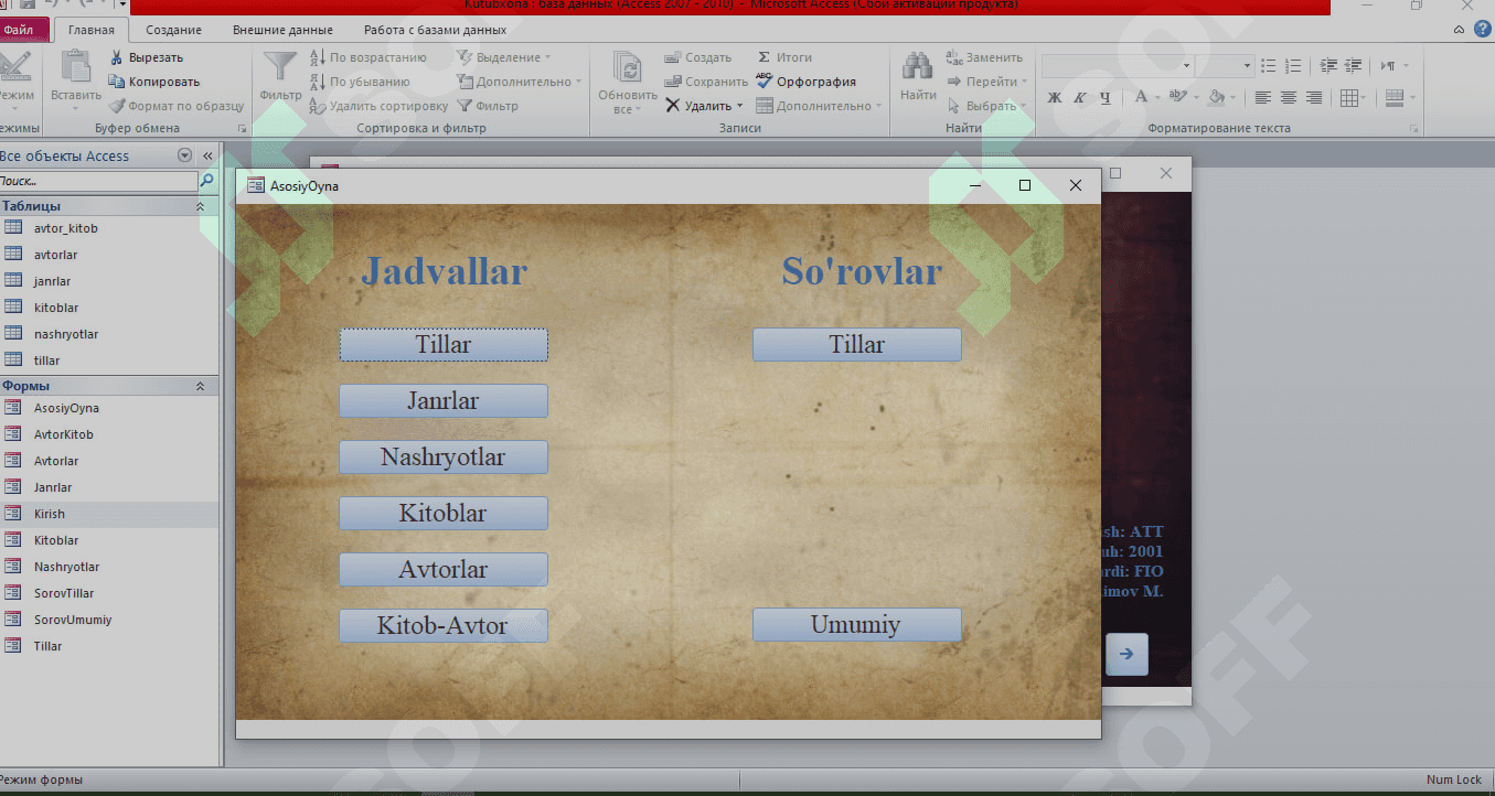 MS Access 2010 da Kutubxona tizimi (2-namuna). Berilganlar Bazasi 2