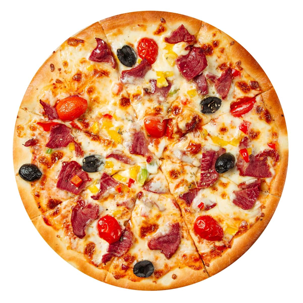 Oq go'shtli sabzavotli izolyatsiya qilingan pizza | Isolated pizza with meat vegetables white 1