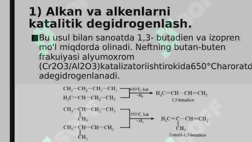 Аlkаdiеnlаr – turkumlаnishi, оlinishi, reaksiyagа kirish qоbiliyati. Tibbiy vа sintеtik kаuchuklаr. 4