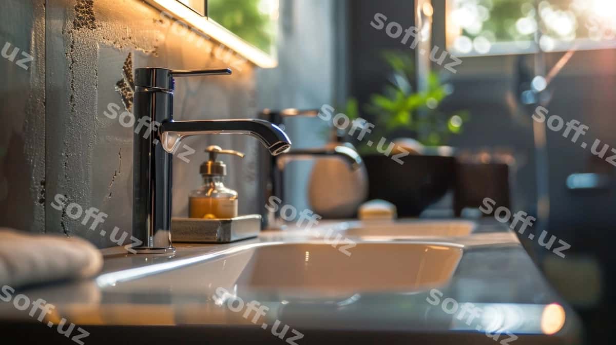 Oshxona chaqmogi yashil o'simliklar orqa fonda | Kitchen sink with green plant background 1