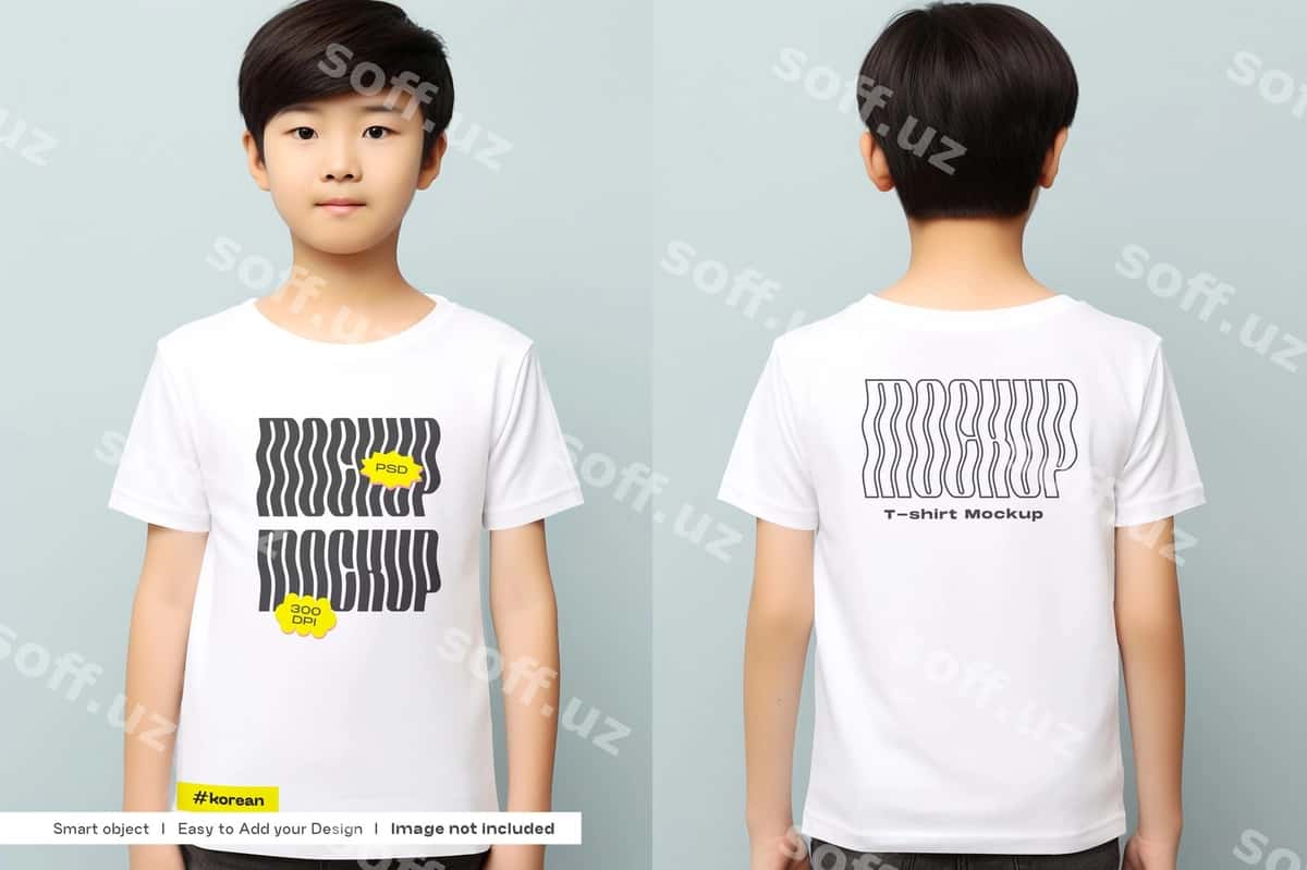 Koreyslik bolalar futbolka mockup oldi orqa ko'rinishi | Korean boy tshirt mockup front back view 1