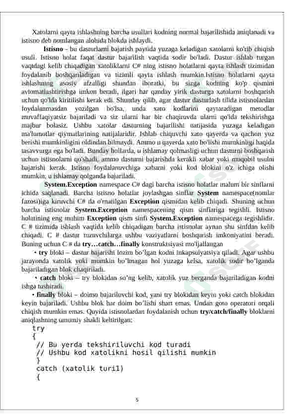 Istisnolarni ilib olish . Finally bloke 5