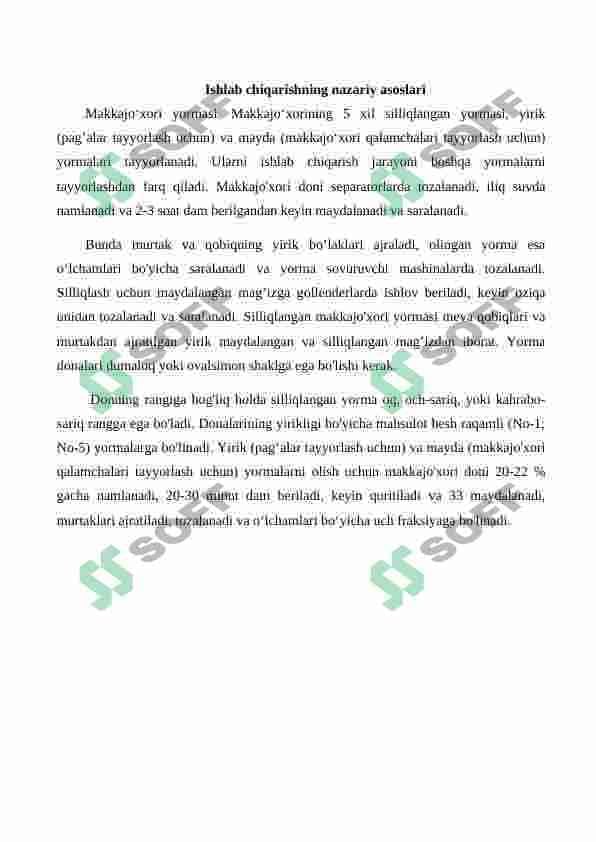Tegirmonda unumdorligi 120 t/s bo'lgan makkajo'xoridan Makkajo'xori yormasi ishlab chiqarish texnologiyasini loyihalash 7