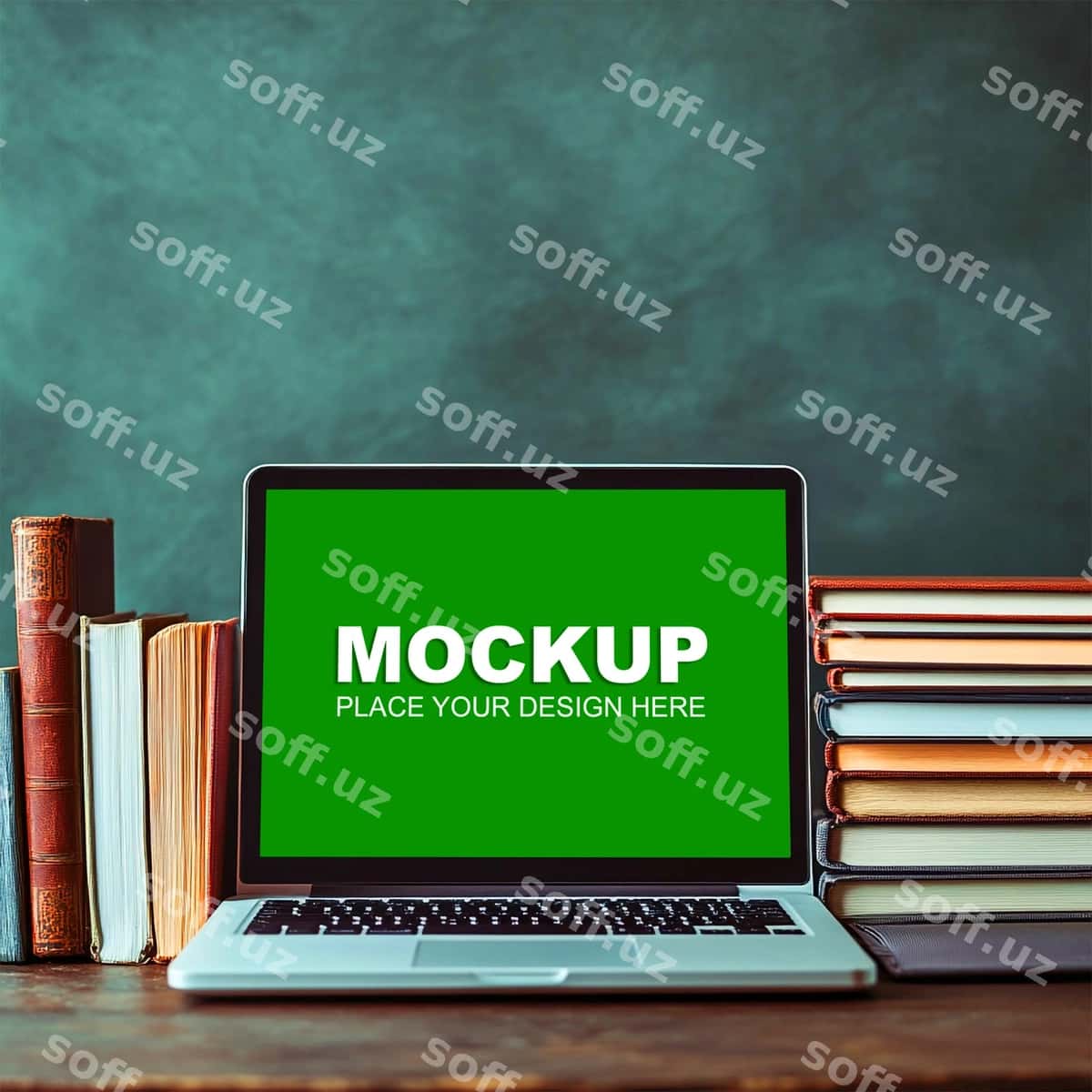Noutbuk modeli ish stoli bilan kitoblar lampasi | Laptop mockup desk with books lamp 1