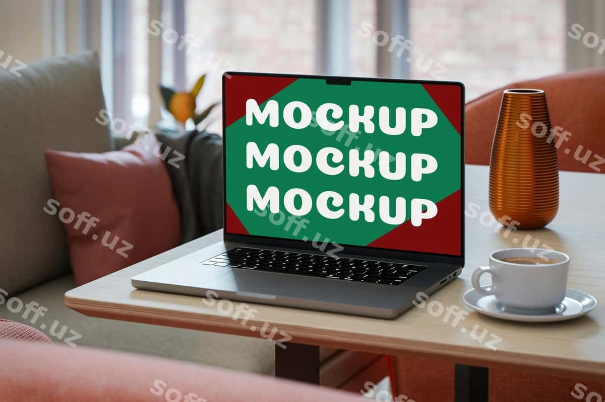Kofe chashka bilan noutbuk maket stoli | Laptop mockup table with coffee cup 1