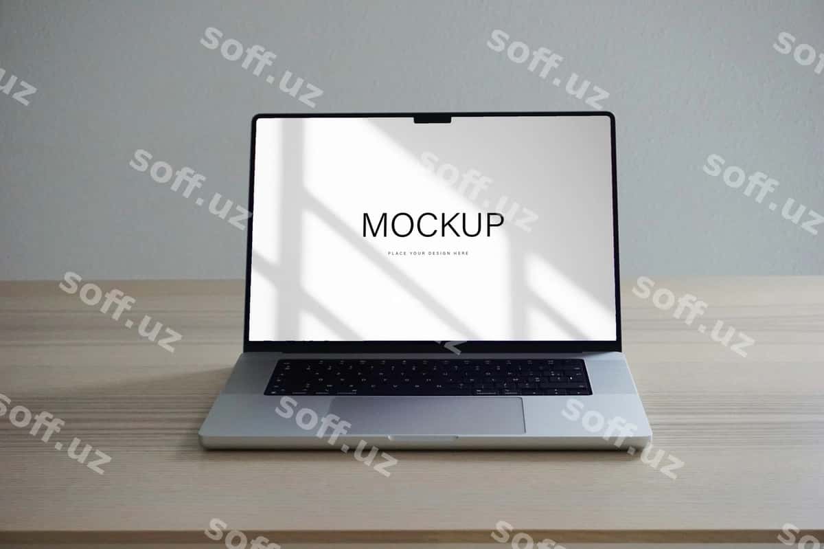 Noutbuk maketi yog'och stol | Laptop mockup wooden table 1