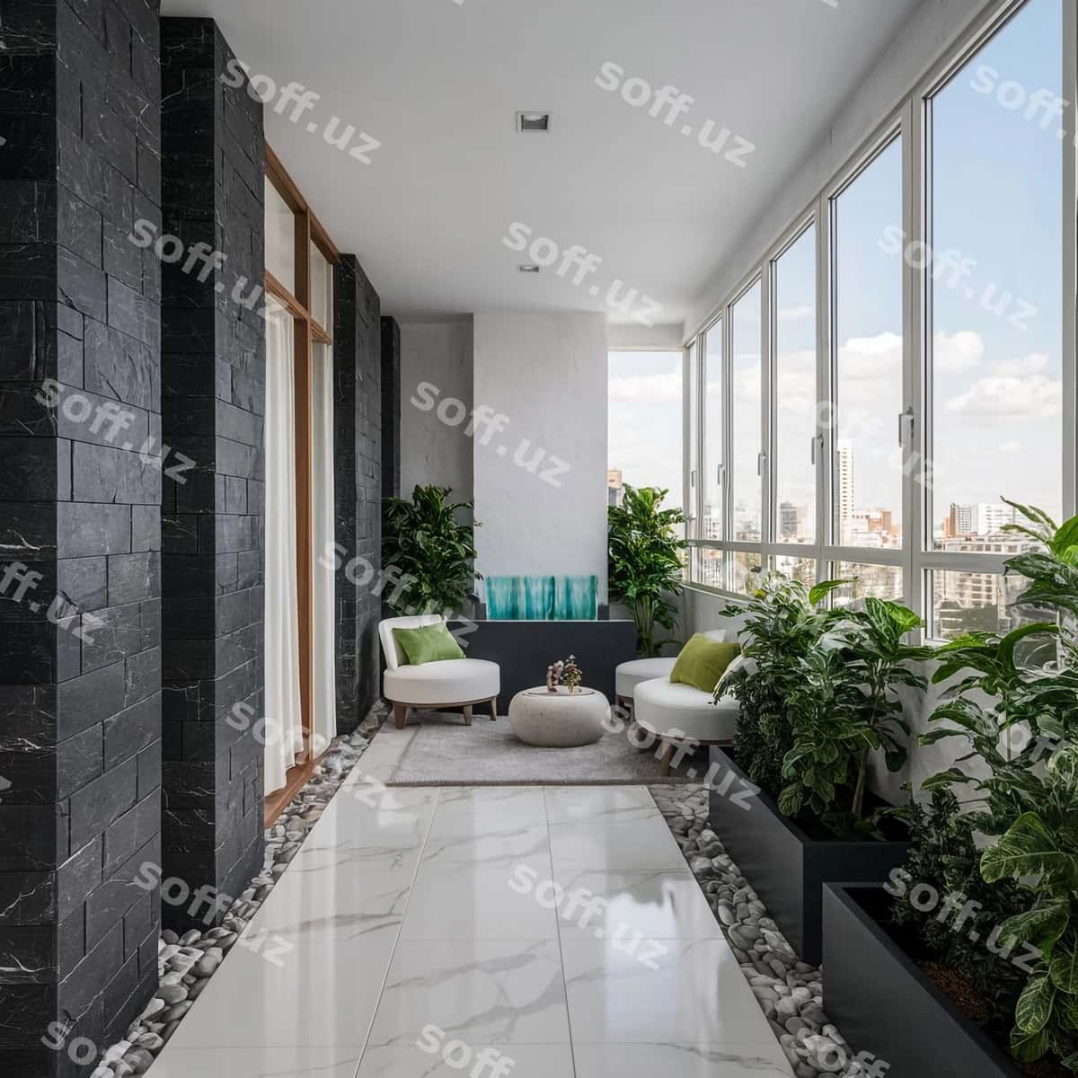 Mehmonxona gul qazonli rivoj bilan | Living room with plant potted plant 1