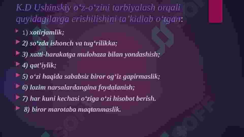 O'z o'zini tarbiyalash va o'z ustida ishlash pedagogik tajribani to'plash tizimlari 6
