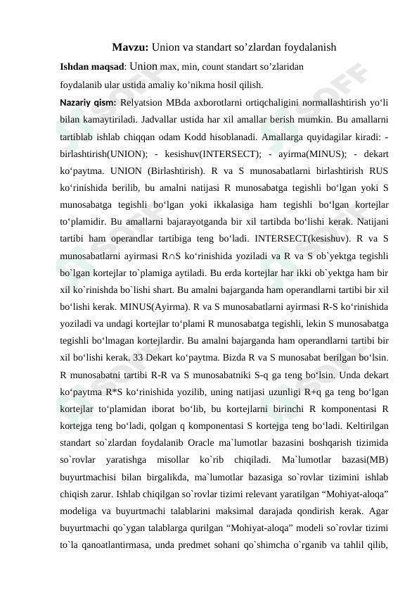 Union va standart so’zlardan foydalanish 1
