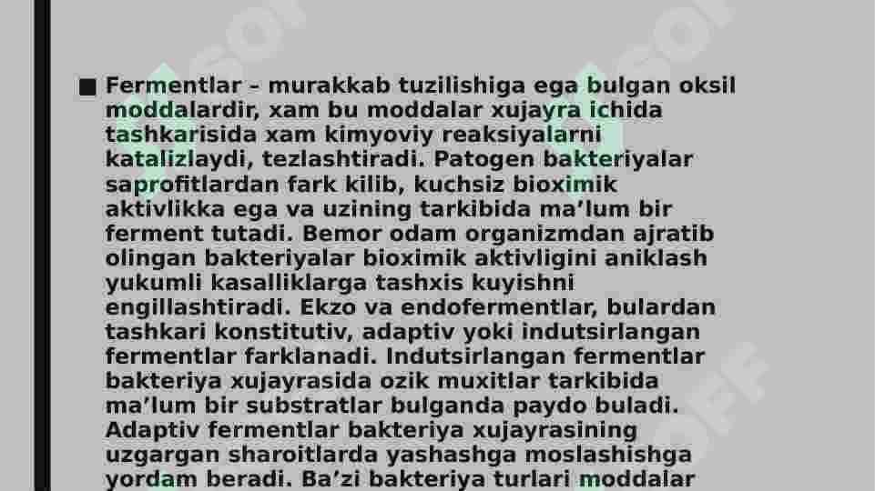 Mikrobiologiya Bakteriyalarda fermentativ jarayonlar. Tashqi muhitni biologik va tehnologik chiqindilar bilan ifloslanishi. 4
