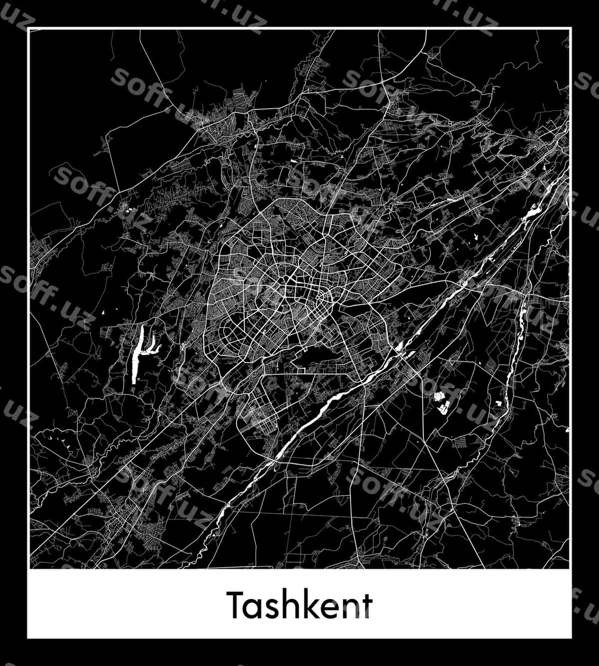 Minimal shahar xaritası Toshkent, O'zbekiston, Osiyoda | Minimal city map tashkent uzbekistan asia 1