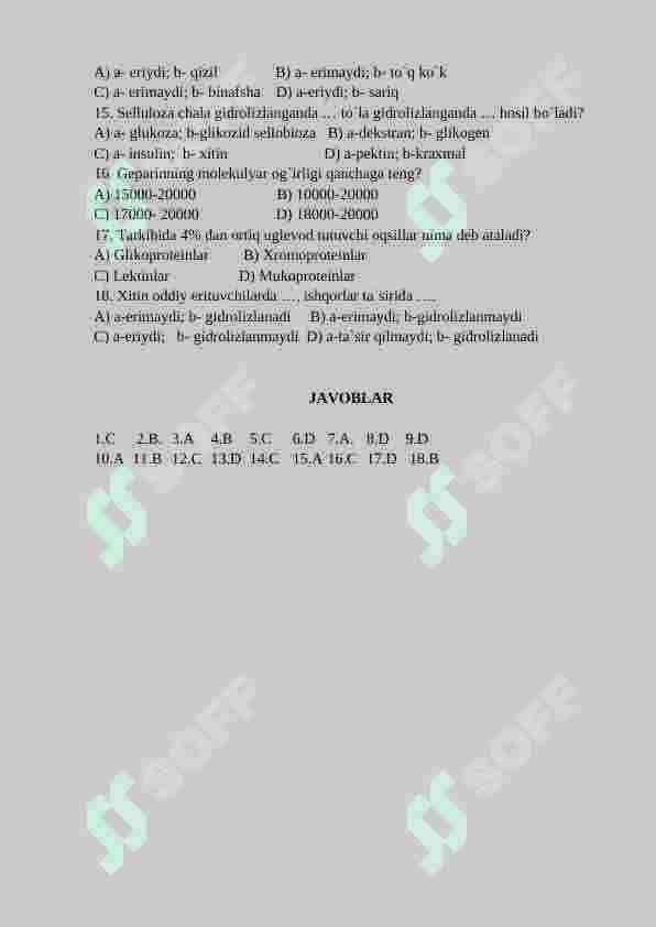 O`simliklar olamida uchraydigan mono-, oligo- va polisaxaridlar Test 2