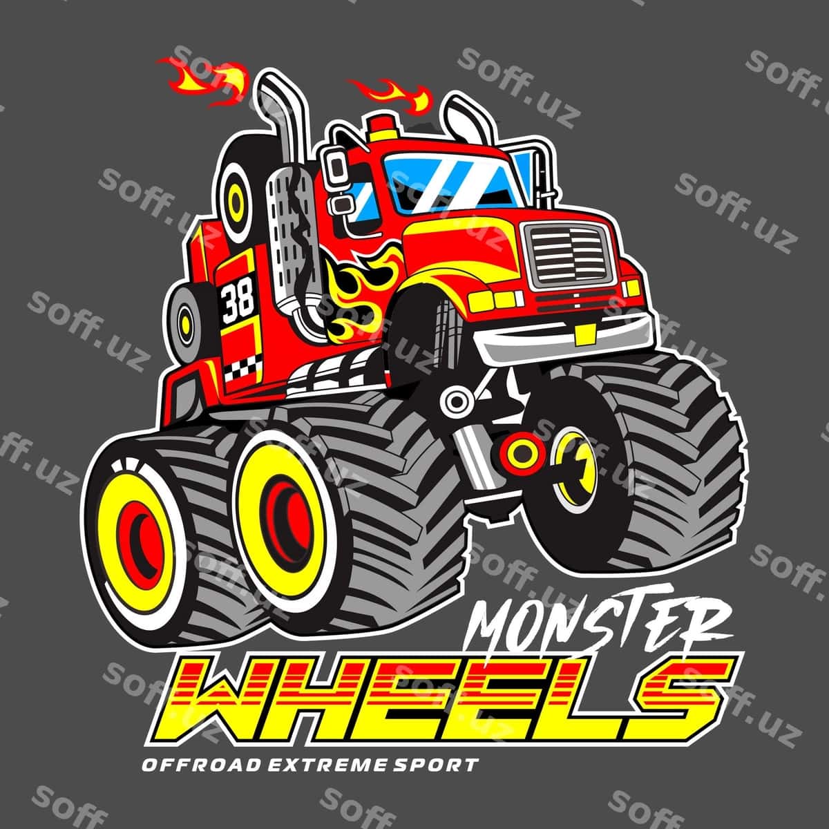 Mons yuk avtomobili ki mons g'ildiraklari deb aytadi. | Monster truck that says monster wheels it 1