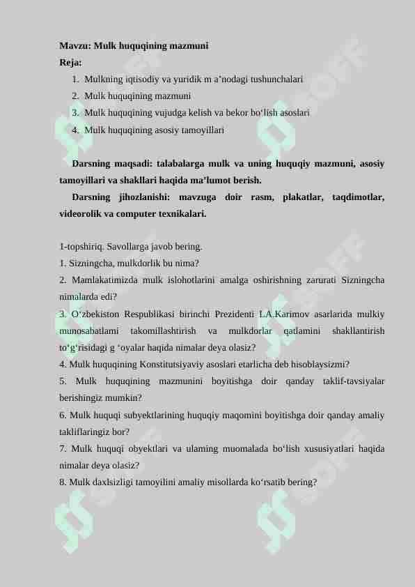 Mulk huquqining mazmuni