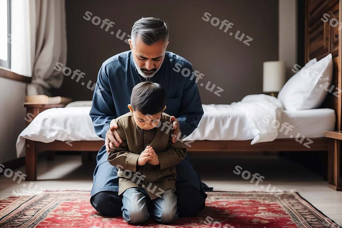 Muslim ota o'g'lining namoz o'qiyapti. | Muslim father praying his son 1