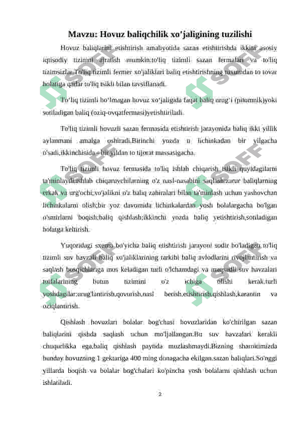 Hovuz baliqchilik xo’jaligining tuzilishi 2