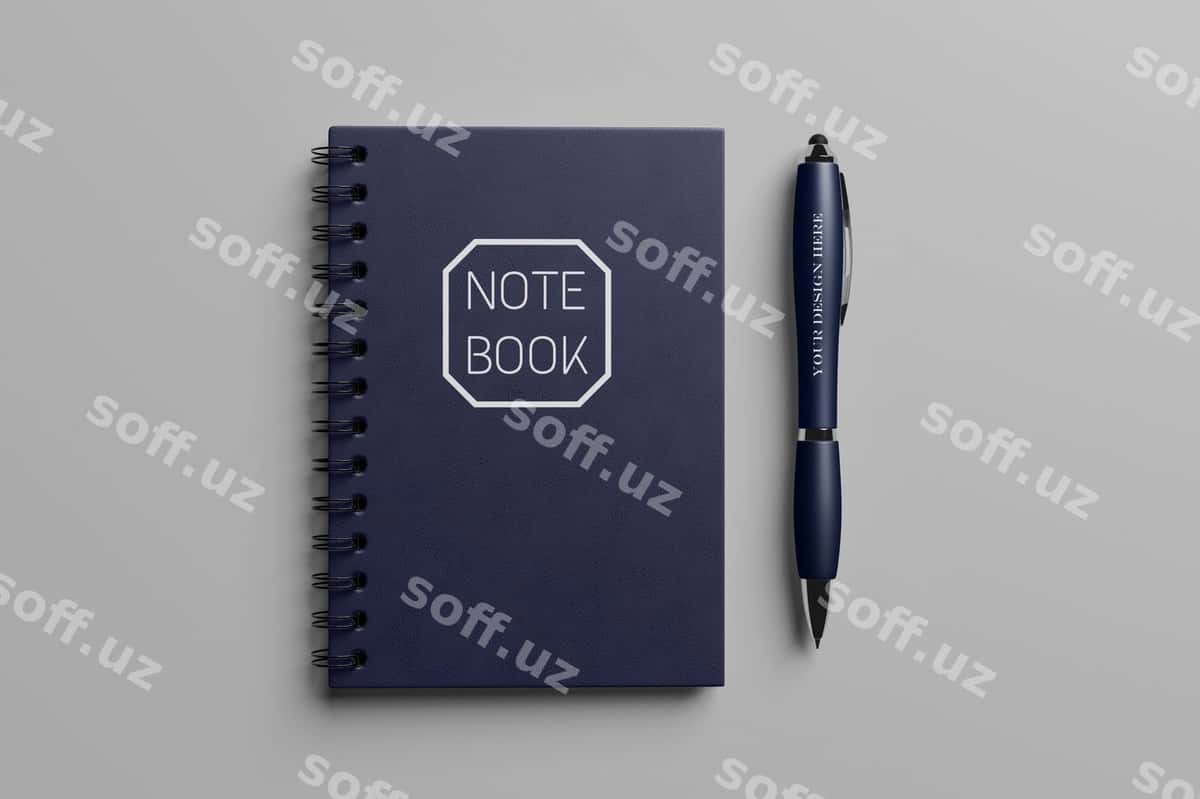 Daftar ruchkasi bilan namuna | Note book with pen mockup 1