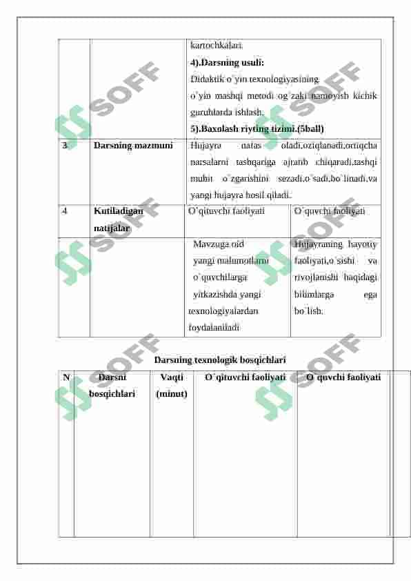 Hujayraning tiriklik belgilari. Jinsiy ko`payish haqida tushuncha. Darsning texnologik xaritasi 3