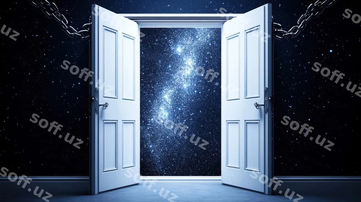 Ochiq juft eshiklar yulduzli kecha osmonini ko'rsatadi. | Open double doors reveal starry night sky 1