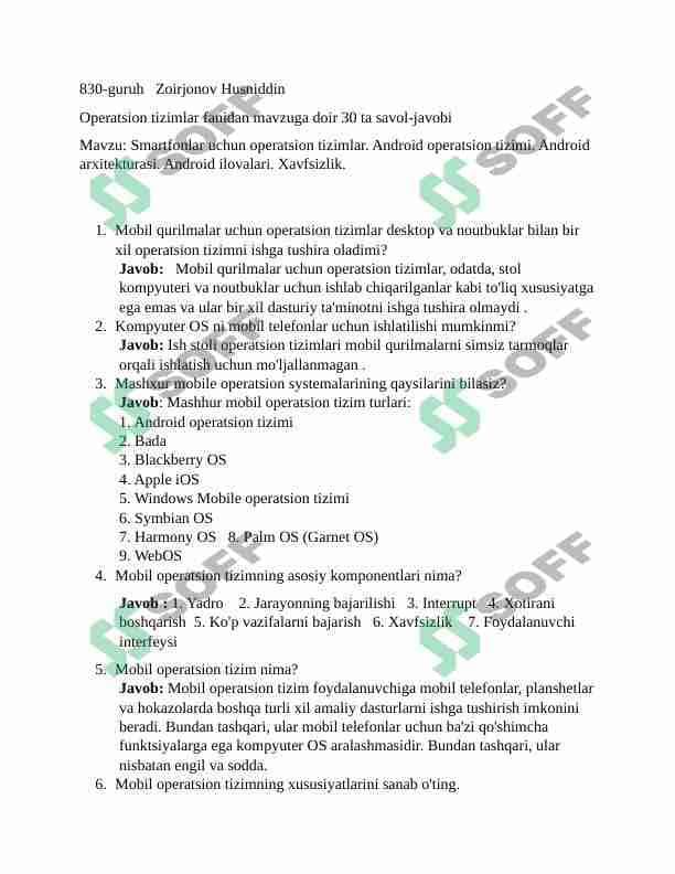 Mobil Operatsion tizimlari haqida savol javoblar 1