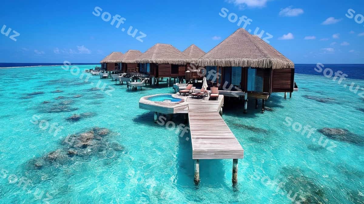 Suw ustida bungalolar yashil ko'k okean bilan | Overwater bungalows with turquoise ocean 1
