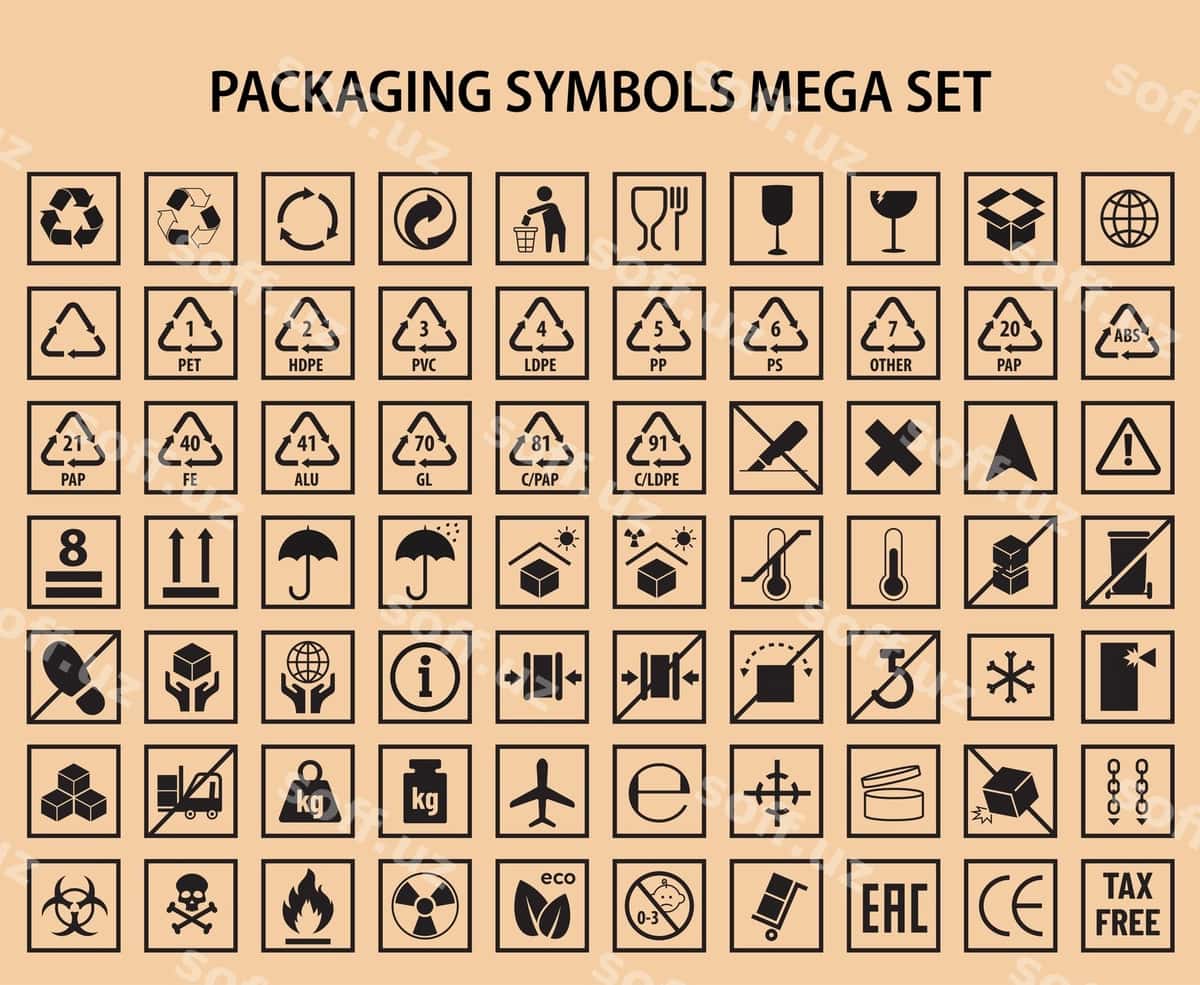 Qadoqlash yorlig'i belgilari mega to'plam vektori | Packaging label symbols mega set vector 1