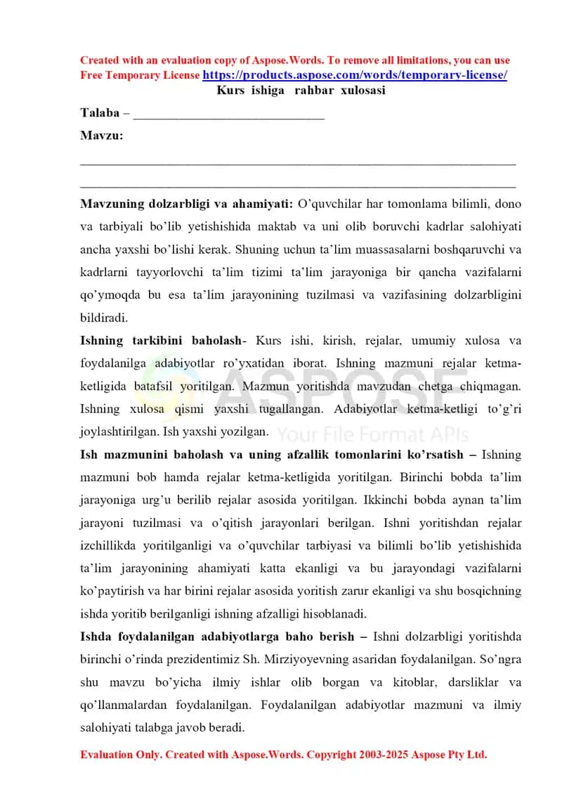 Kurs  ishiga   rahbar  xulosasi shablon 1