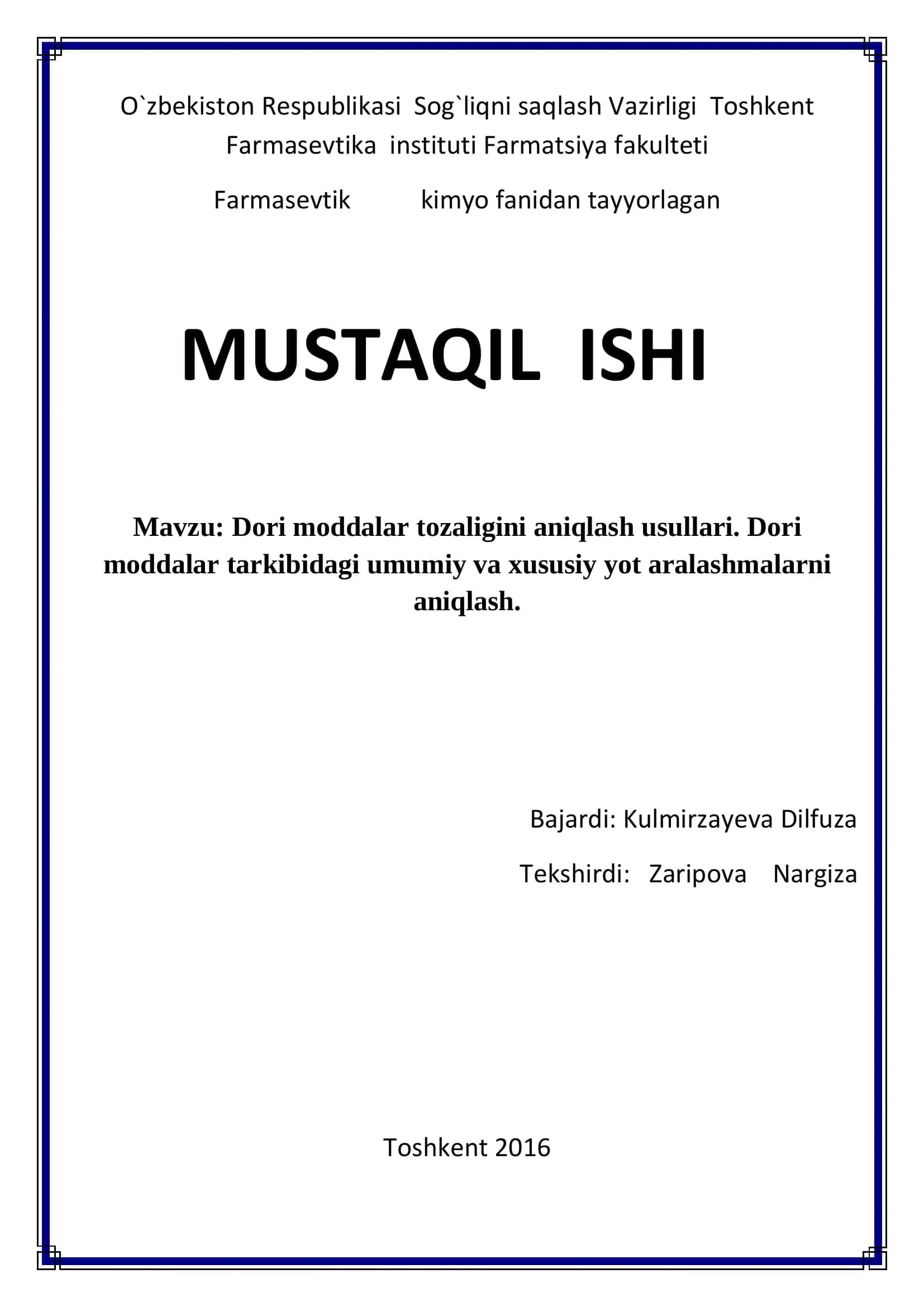 Dori moddalarining tozalik ko`rsatkichlaridan biri bo`lgan loyqalik va ranglilik darajasini DF XI nashri asosida taxlil qilish 1