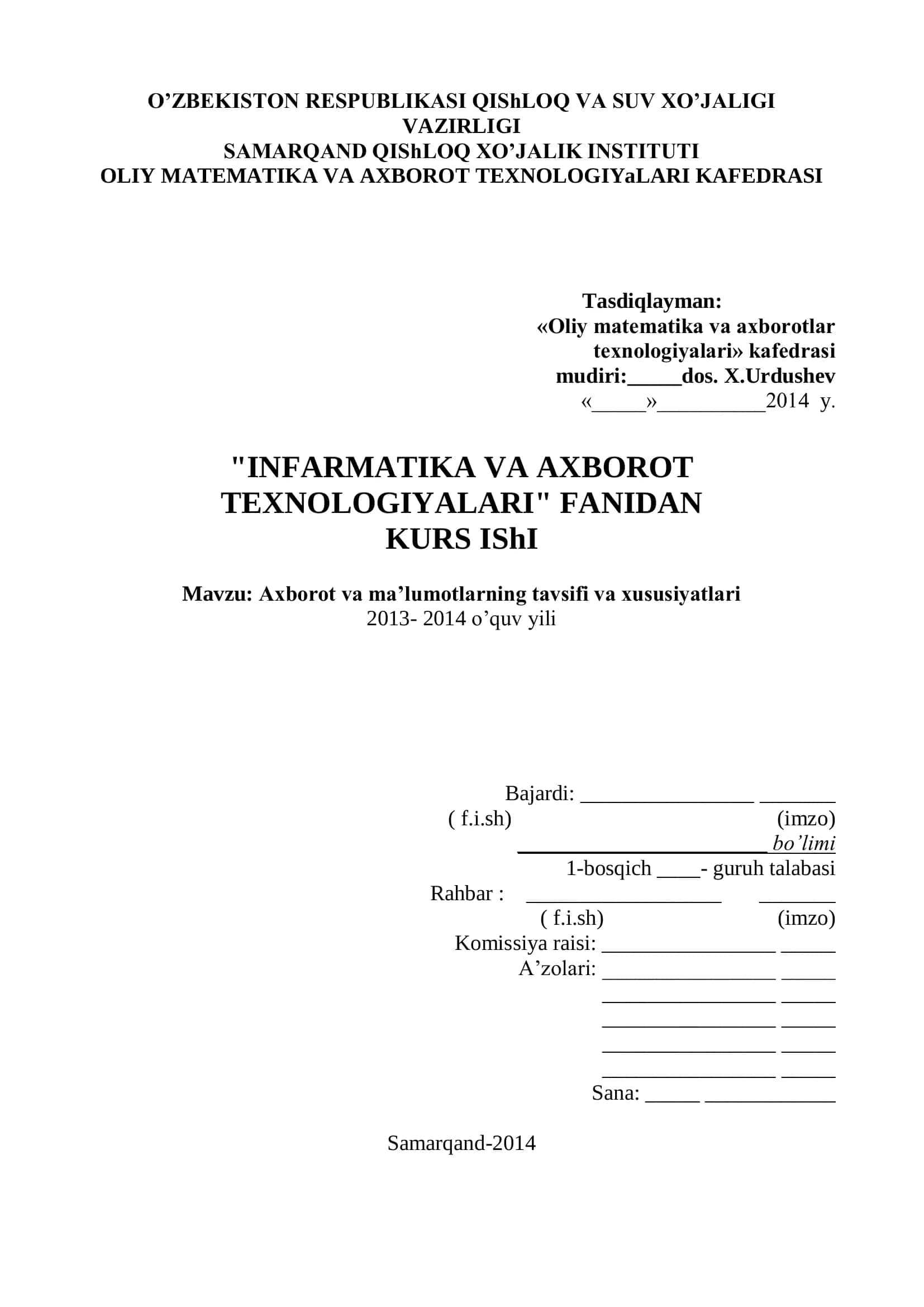 KURS IShI - Axborot va ma’lumotlarning tavsifi va xususiyatlari 1