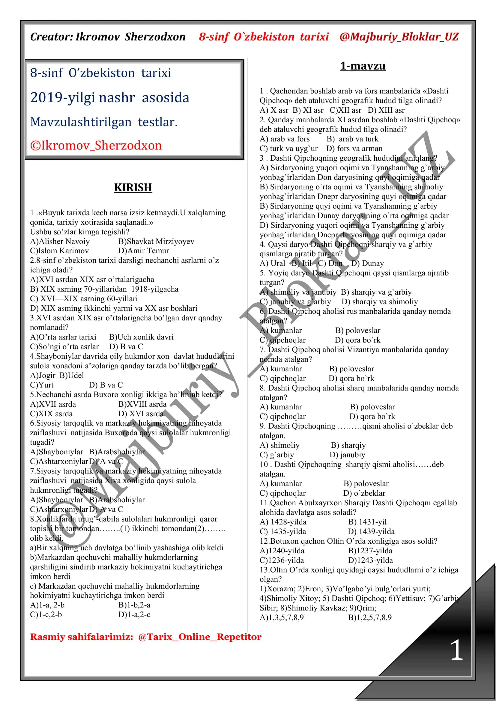 8-sinf O`zbekiston tarixi 1