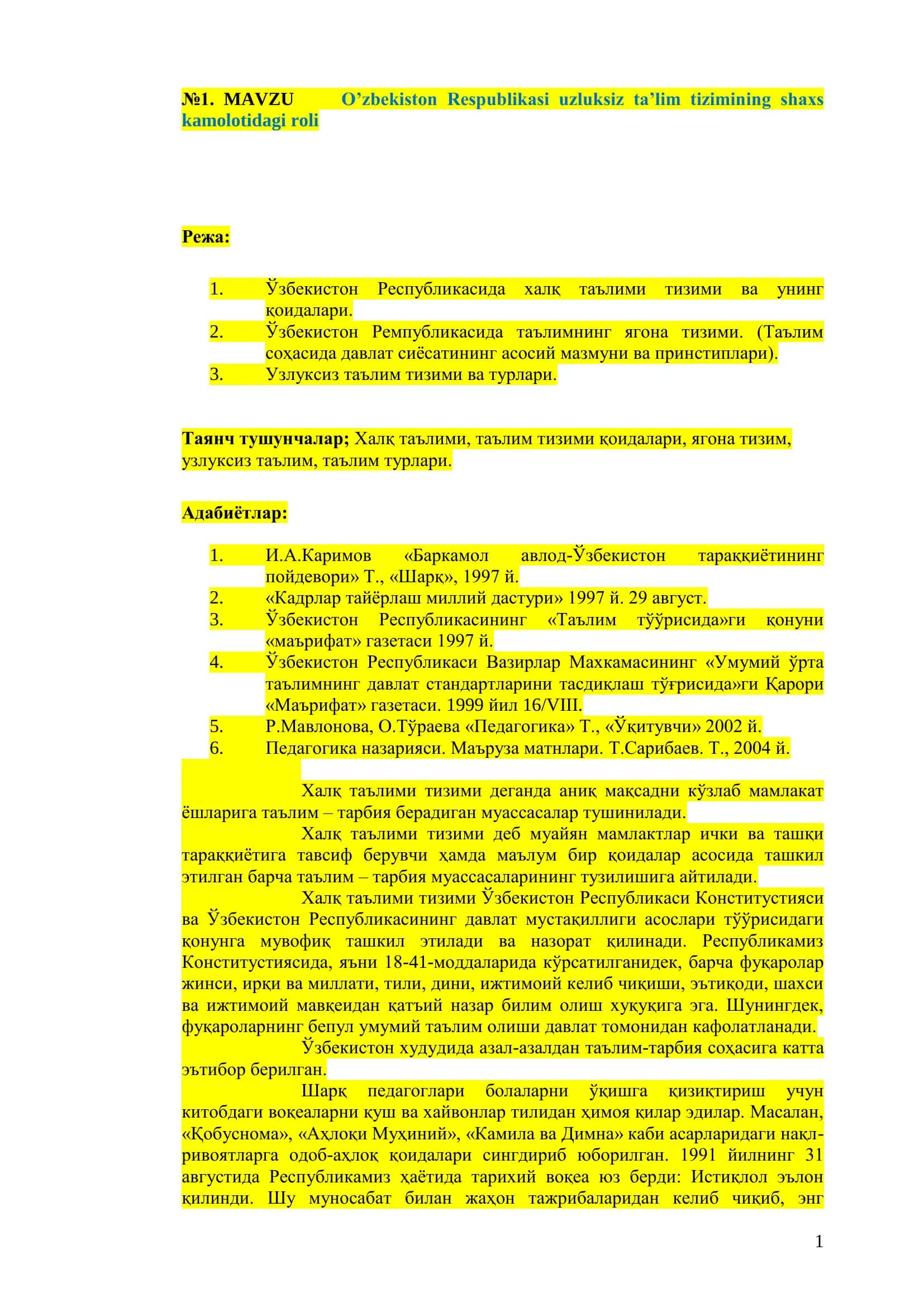 O‘zbekiston Respublikasi uzluksiz ta‘lim tizimining shaxs kamolotidagi roli 1