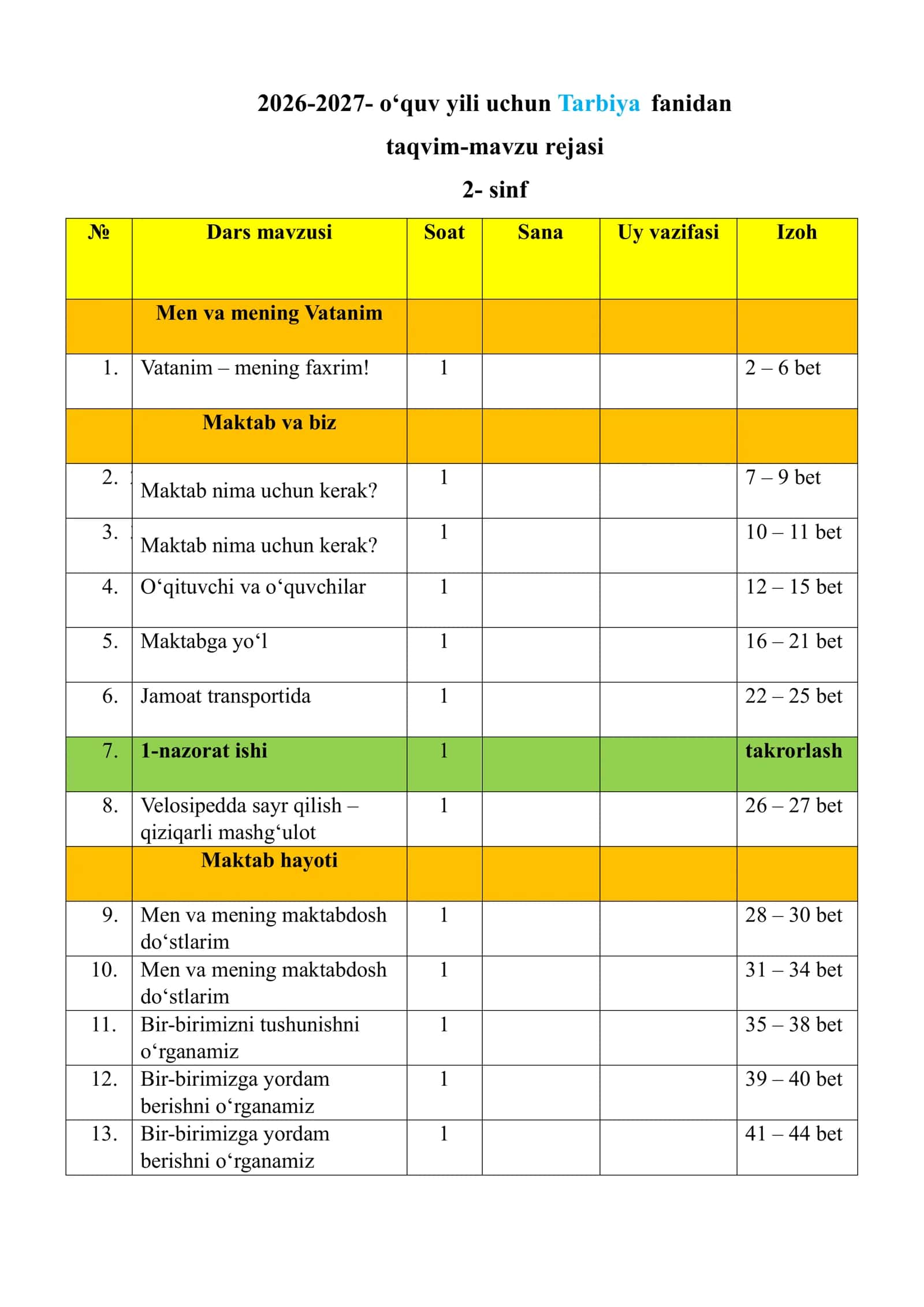 2026-2027- o‘quv yili uchun Tarbiya fanidan taqvim-mavzu rejasi  2-sinf 1