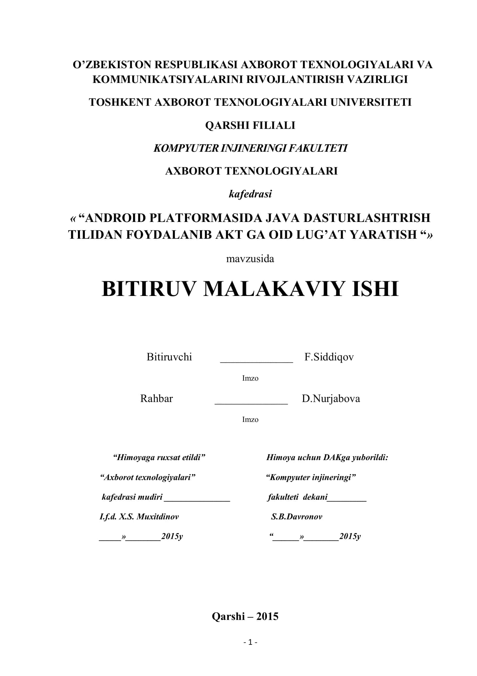 ANDROID PLATFORMASIDA JAVA DASTURLASHTRISH TILIDAN FOYDALANIB AKT GA OID LUG’AT YARATISH 1
