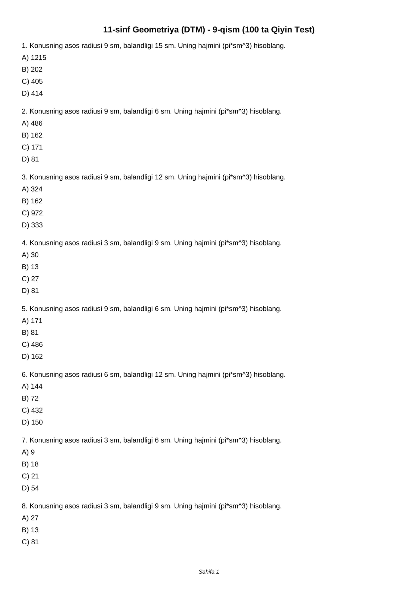 11-sinf Geometriya (DTM) - 9-qism (100 ta Qiyin Test) 1